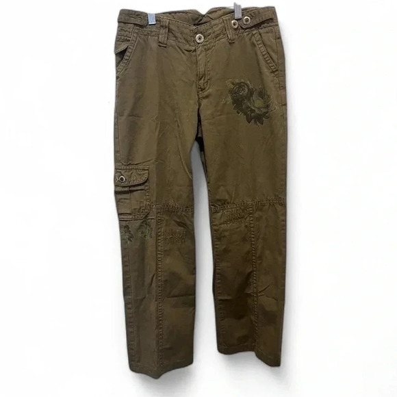 Vintage Y2K Low Rise Wide Khaki Green Cargo Pants Floral Whimsygoth Retro 8 - Picture 1 of 5